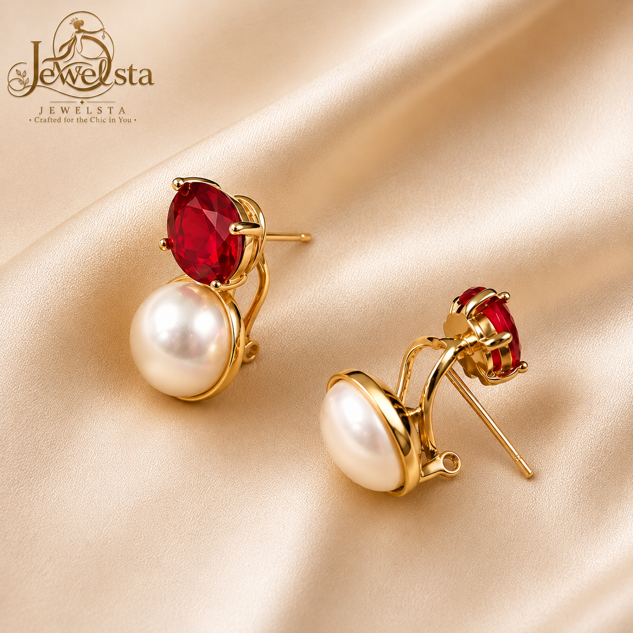 Jewelsta Ruby Pearl Elegance Stud Earrings