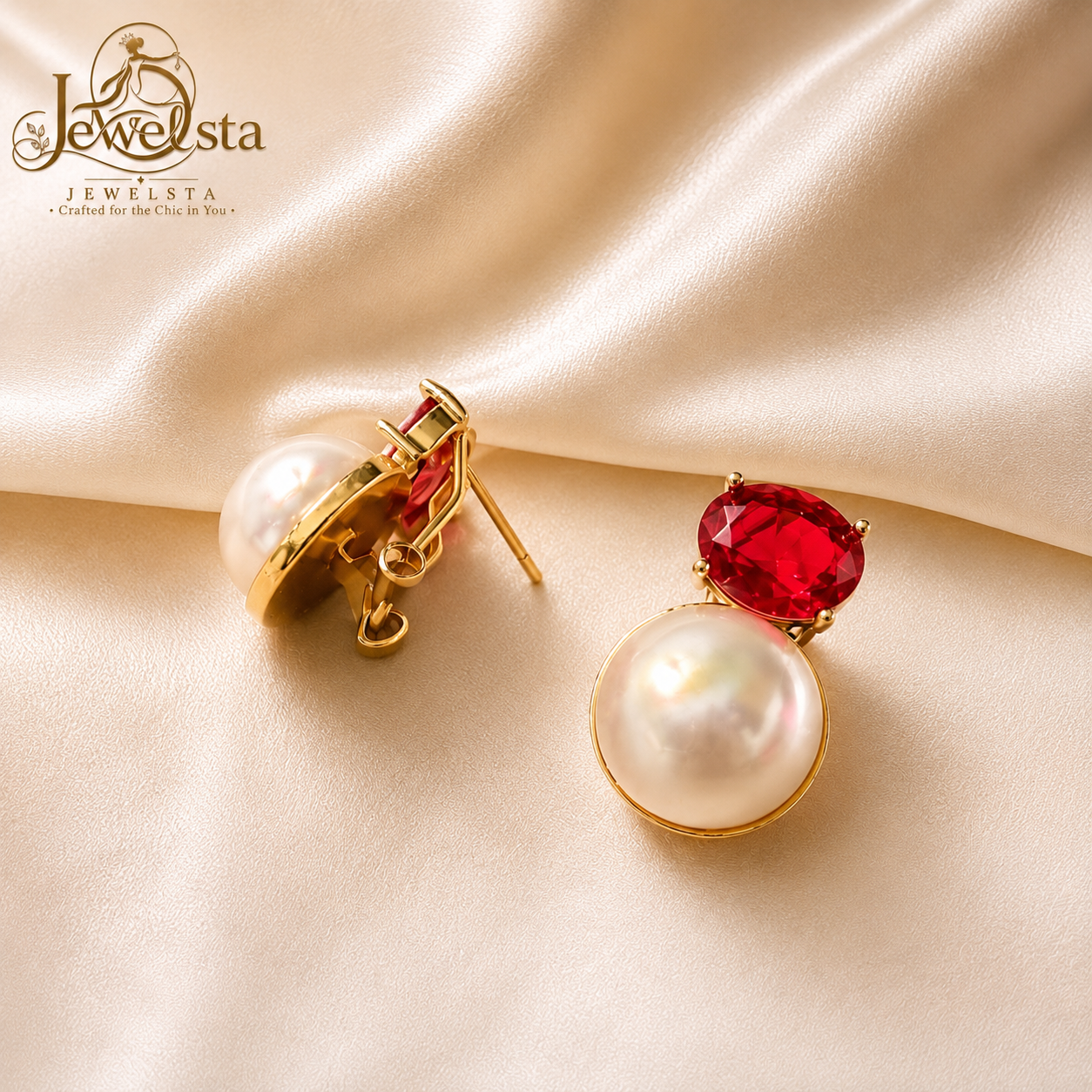 Jewelsta Ruby Pearl Elegance Stud Earrings - Image 4