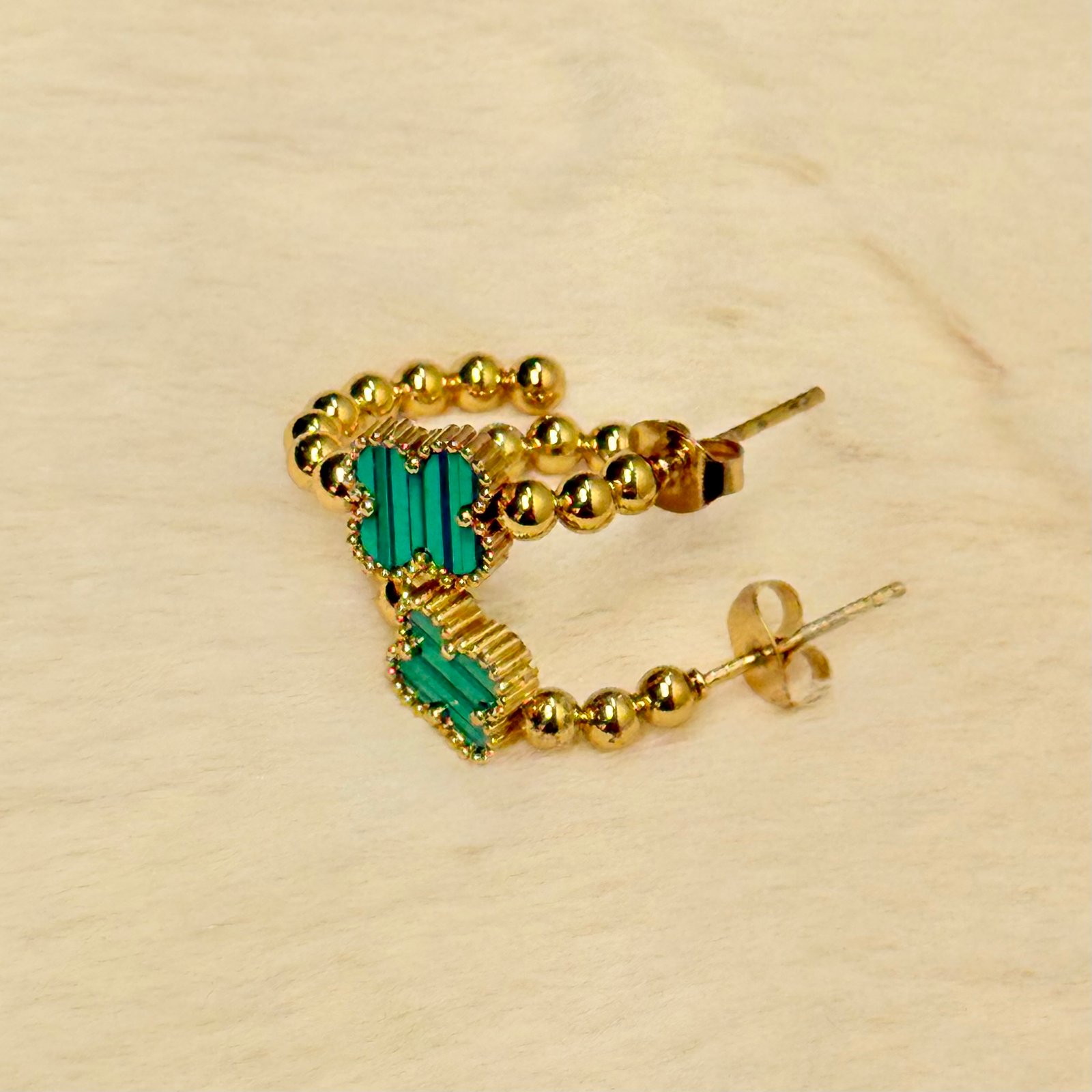 Jewelsta Emerald Clover Gold Beaded Hoops - Image 3
