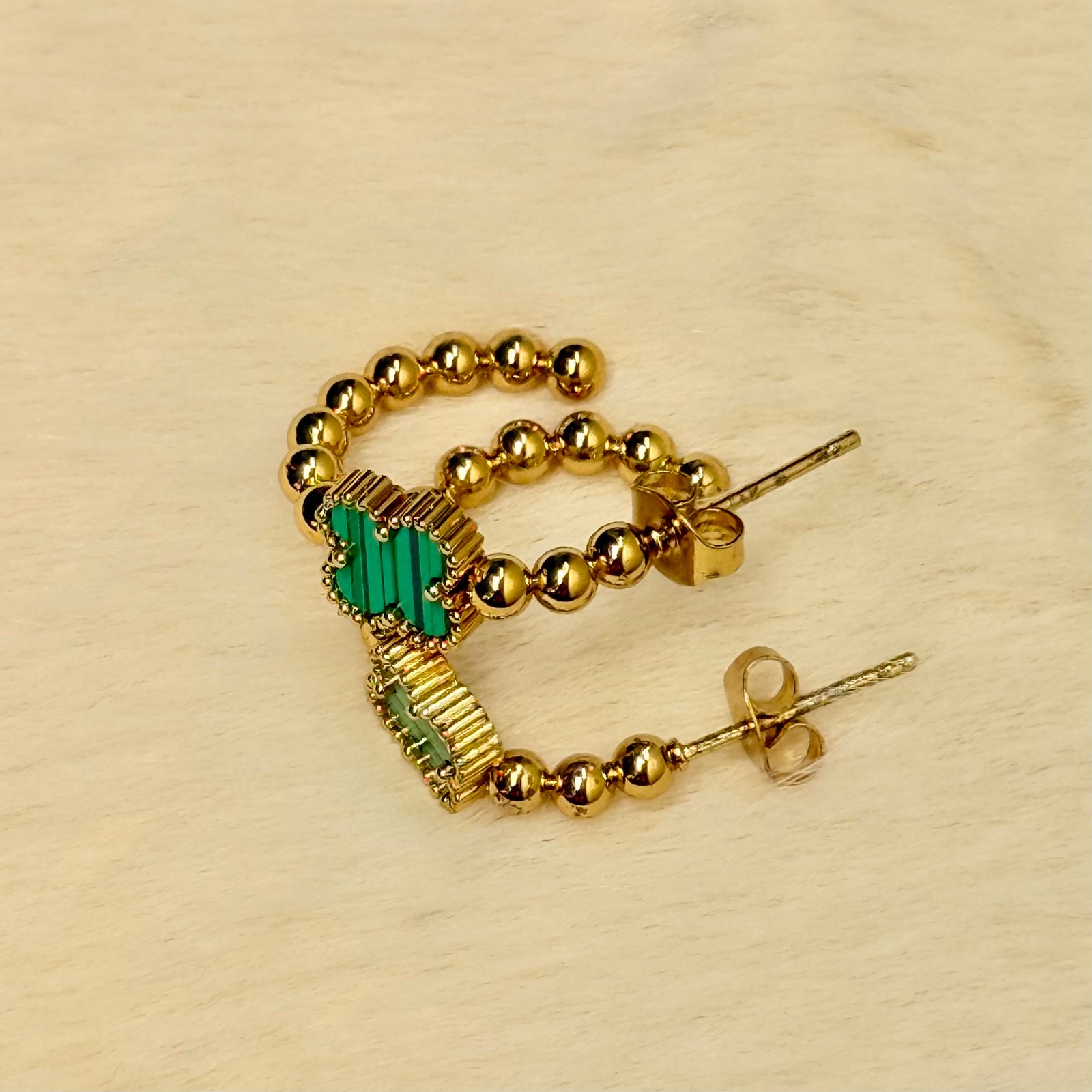 Jewelsta Emerald Clover Gold Beaded Hoops - Image 5