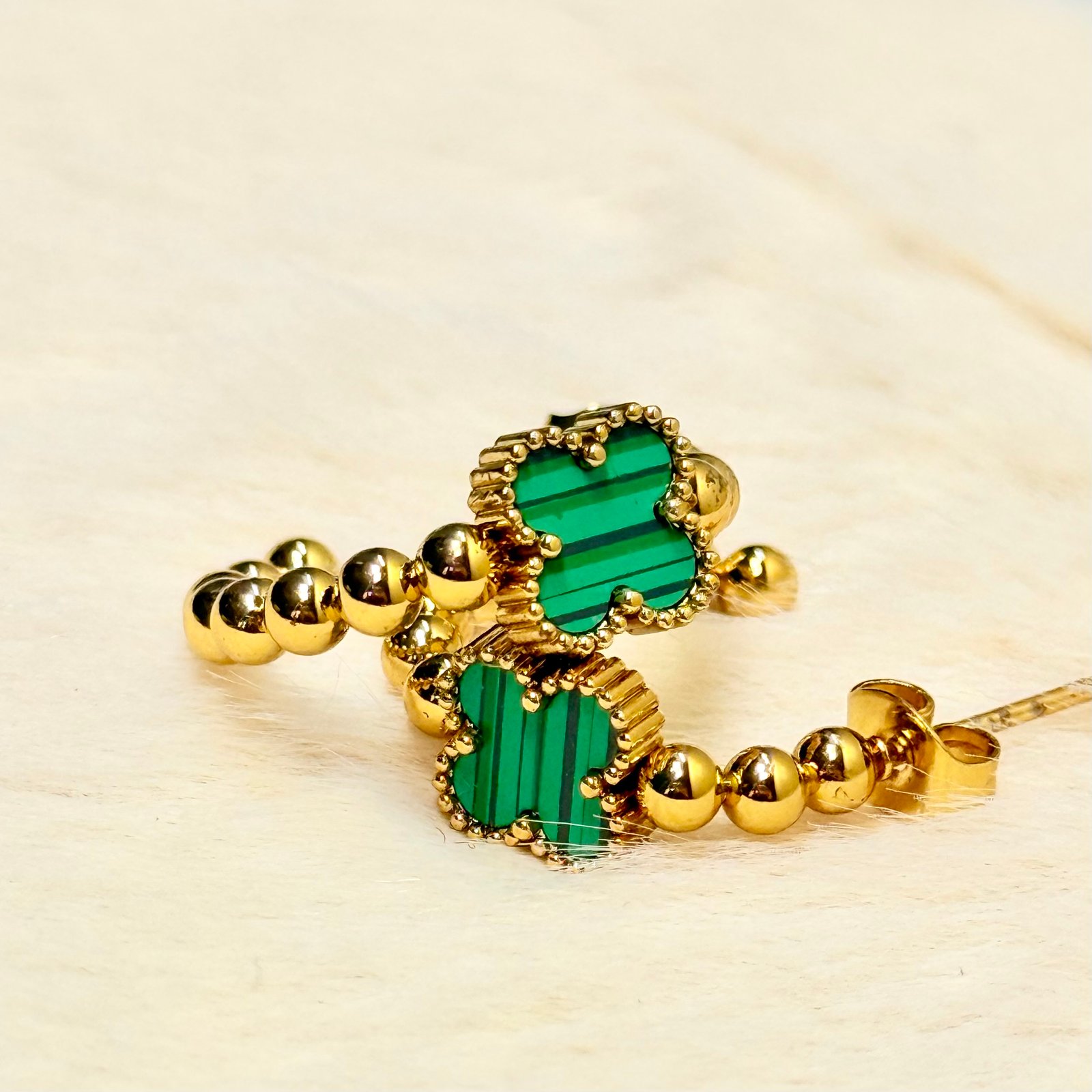 Jewelsta Emerald Clover Gold Beaded Hoops