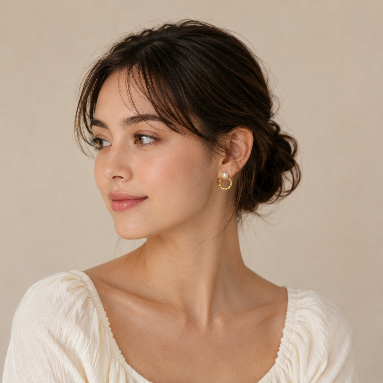 Minimalist Faux Pearl Geometric Hoop Earrings | - Image 2