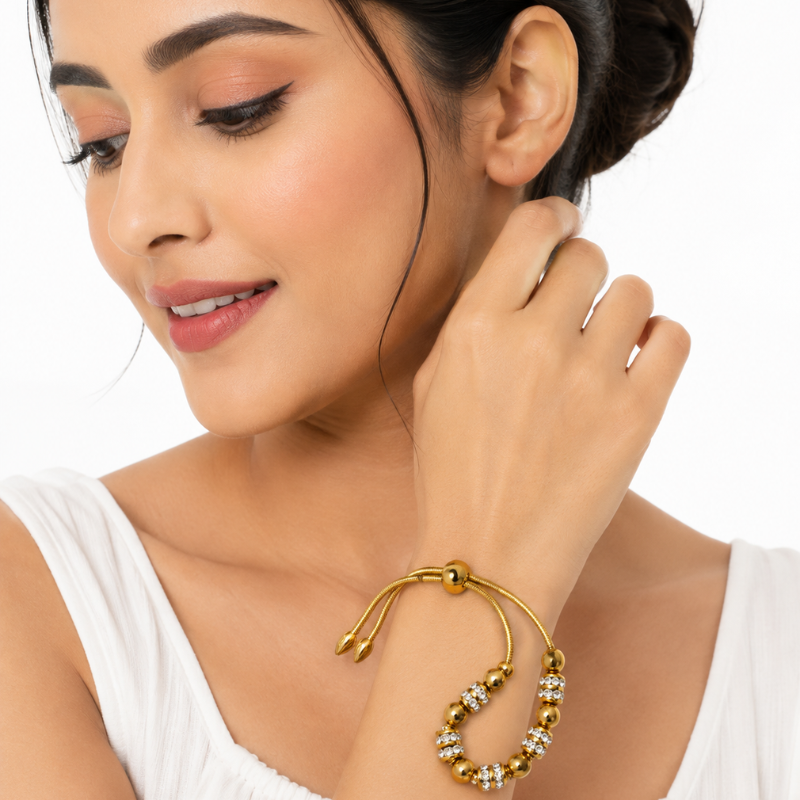 Gold-Tone Beaded Crystal Adjustable Bracelet for Women - Image 2