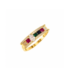 Multicolor gemstone gold finish ring with red green and blue stones