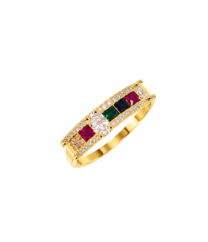 Multicolor gemstone gold finish ring with red green and blue stones