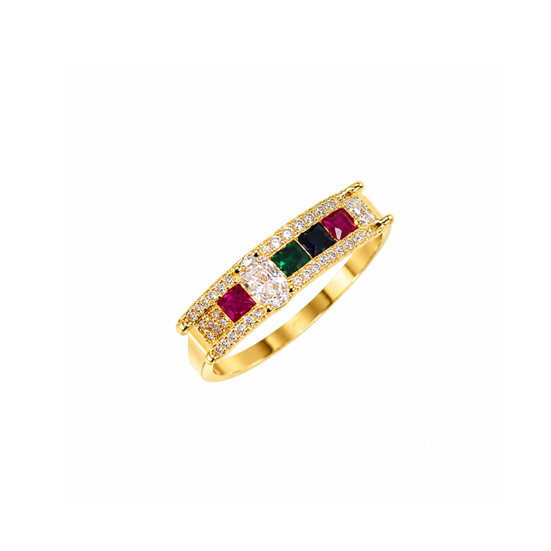 Multicolor gemstone gold finish ring with red green and blue stones