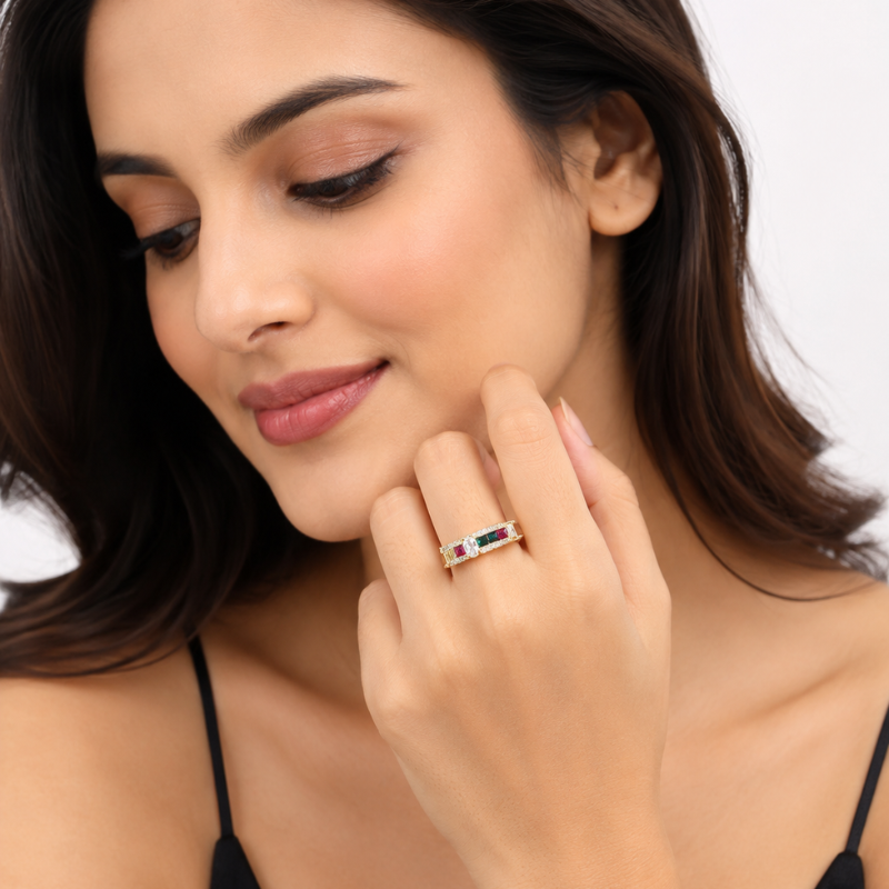 Multicolor gemstone gold finish ring with red green and blue stones