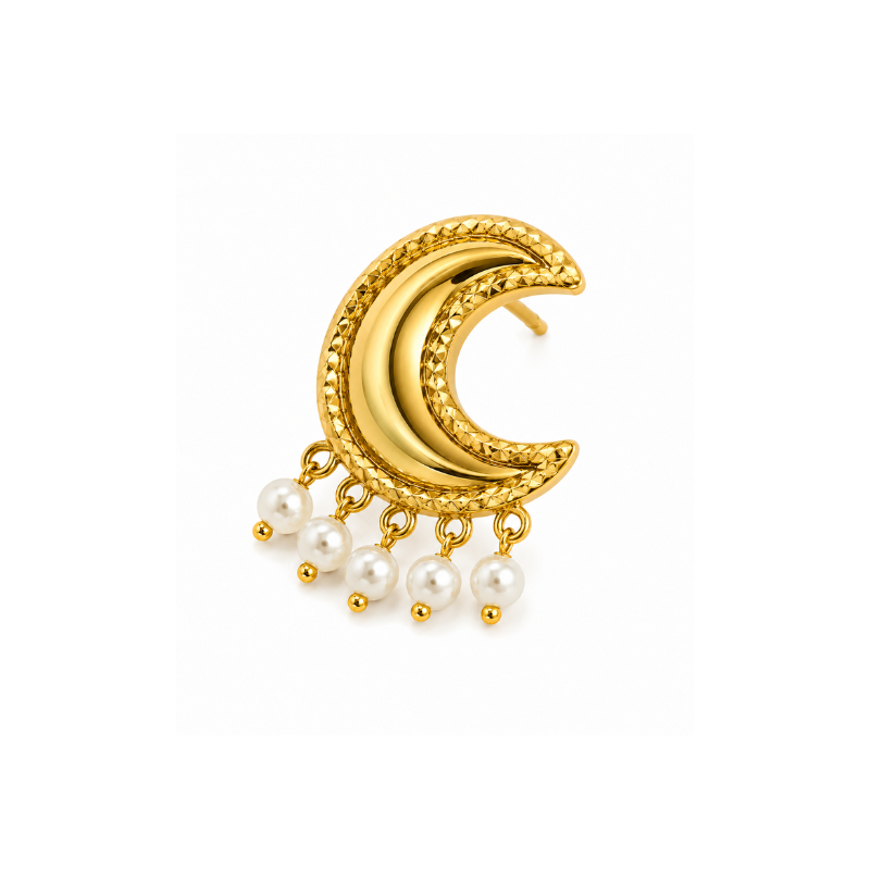 Golden Crescent Moon Pearl Drop Earrings for Women - Image 3