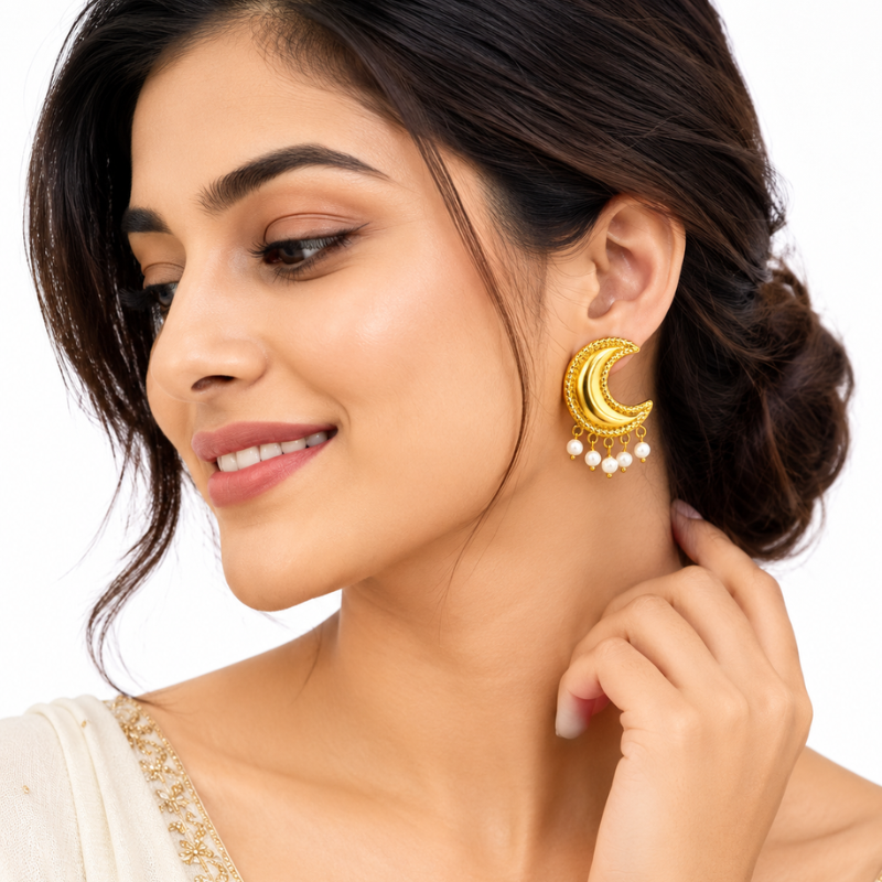 Golden crescent moon pearl drop earrings for women
