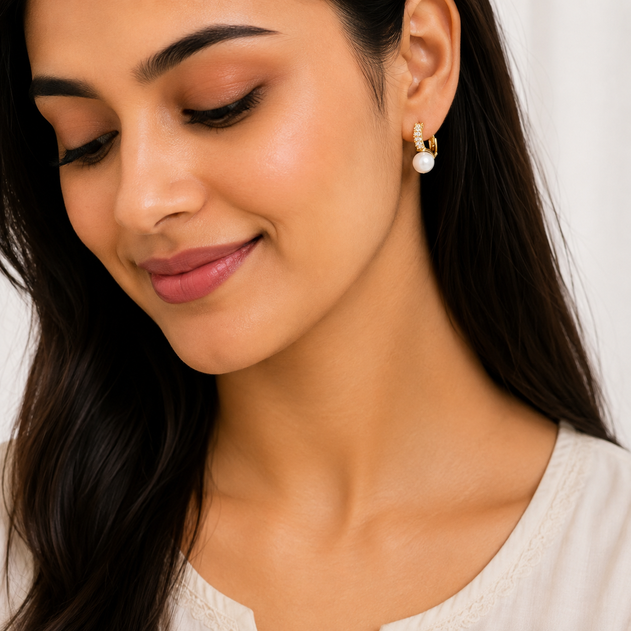 Pearl Drop Hoop Earrings with Crystal Detailing - Image 2