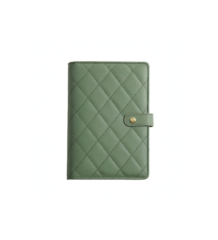 Olive green quilted jewelry travel book closed view with gold snap button