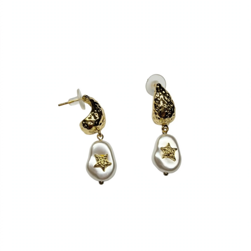 Gold Baroque Pearl Star Drop Earrings - Vintage Statement Earrings for Women - Image 2