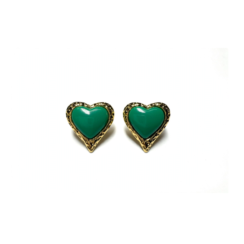 Emerald Green Heart Stud Earrings - Gold Plated Vintage Heart Earrings for Women - Image 2