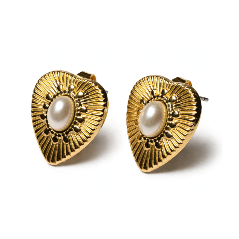 Gold heart pearl stud earrings for women vintage sunburst heart earrings with central faux pearl antique gold plated push back earrings under 199