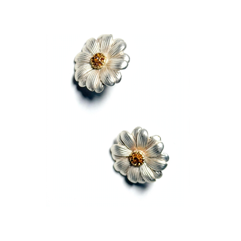 silver daisy flower stud earrings for women vintage floral stud earrings with golden yellow crystal center oxidised silver push back earrings under 199