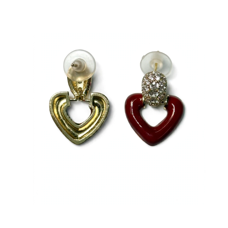 Red Heart Enamel Drop Earrings for Women - Gold Diamond Studded Valentine Heart Earrings - Image 2