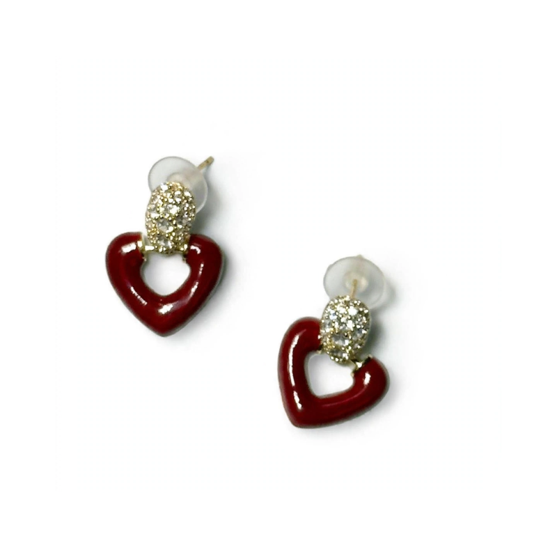 Red Heart Enamel Drop Earrings for Women - Gold Diamond Studded Valentine Heart Earrings - Image 3