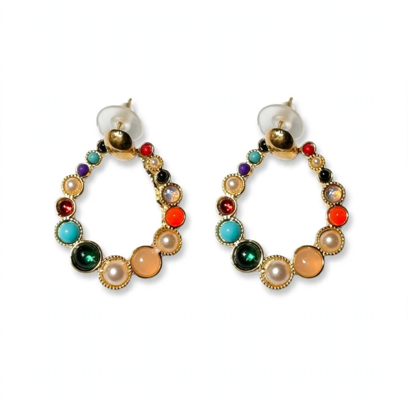 multicolor teardrop hoop earrings for women navratna style gold plated boho hoop earrings with colorful stones and pearls push back earrings under 349
