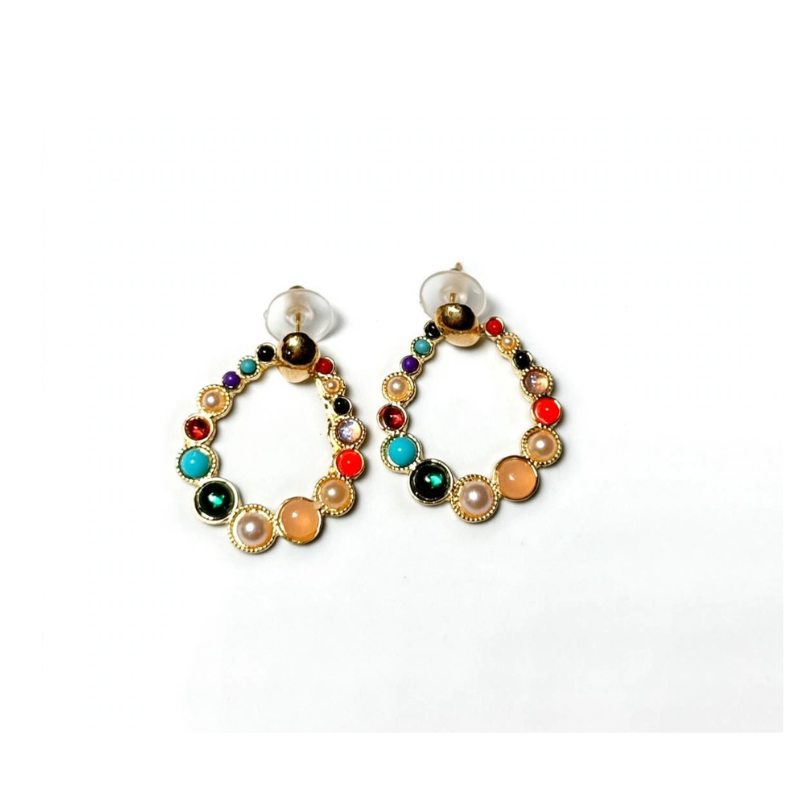 Multicolor Navratna Teardrop Stud Earrings for Women - Designer Boho Hoop Earrings - Image 2