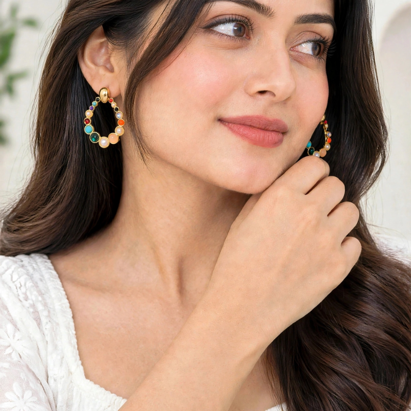 Multicolor Navratna Teardrop Stud Earrings for Women - Designer Boho Hoop Earrings - Image 4