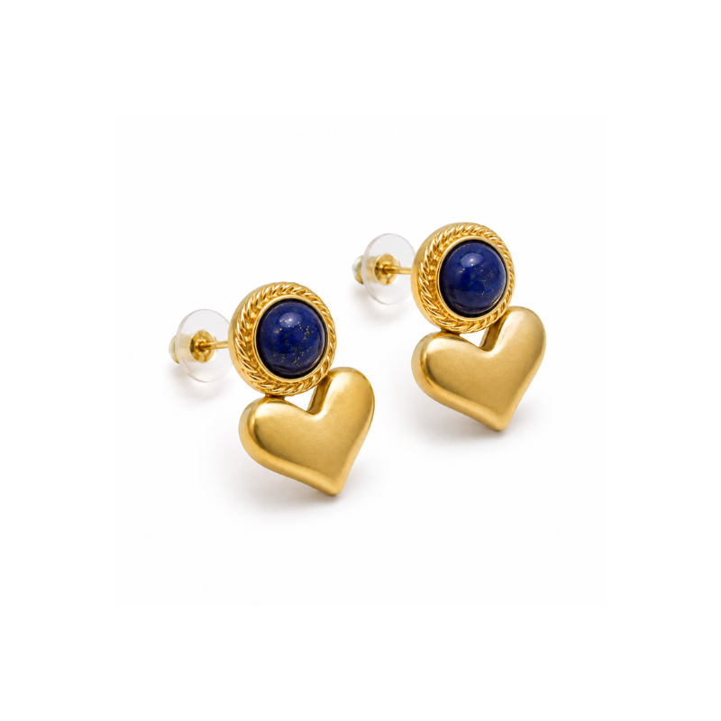 Gold Heart & Blue Stone Earrings - Image 2
