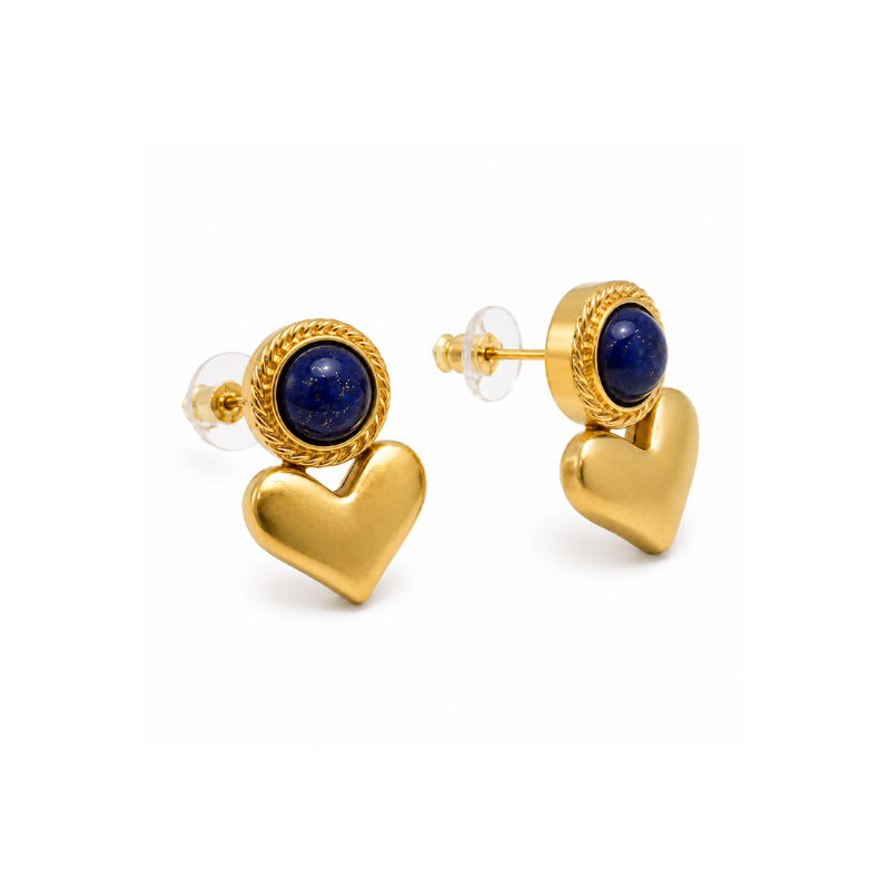 Gold Heart & Blue Stone Earrings - Image 3