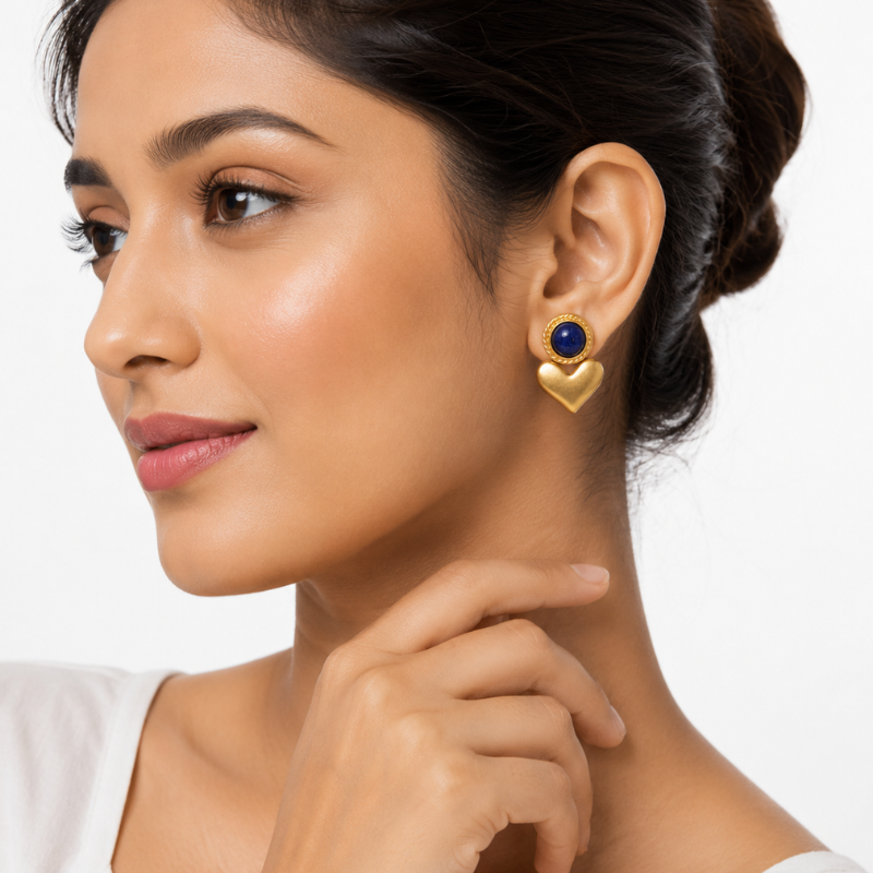 Gold Heart & Blue Stone Earrings - Image 4