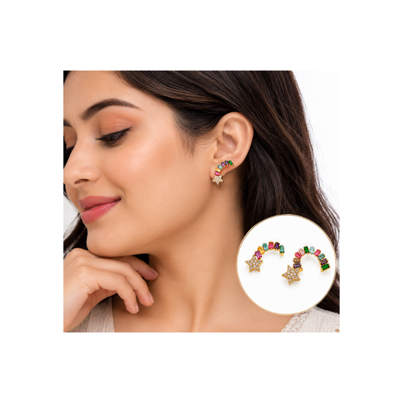 Multicolor Star Rainbow Ear Crawler Earrings - Image 2