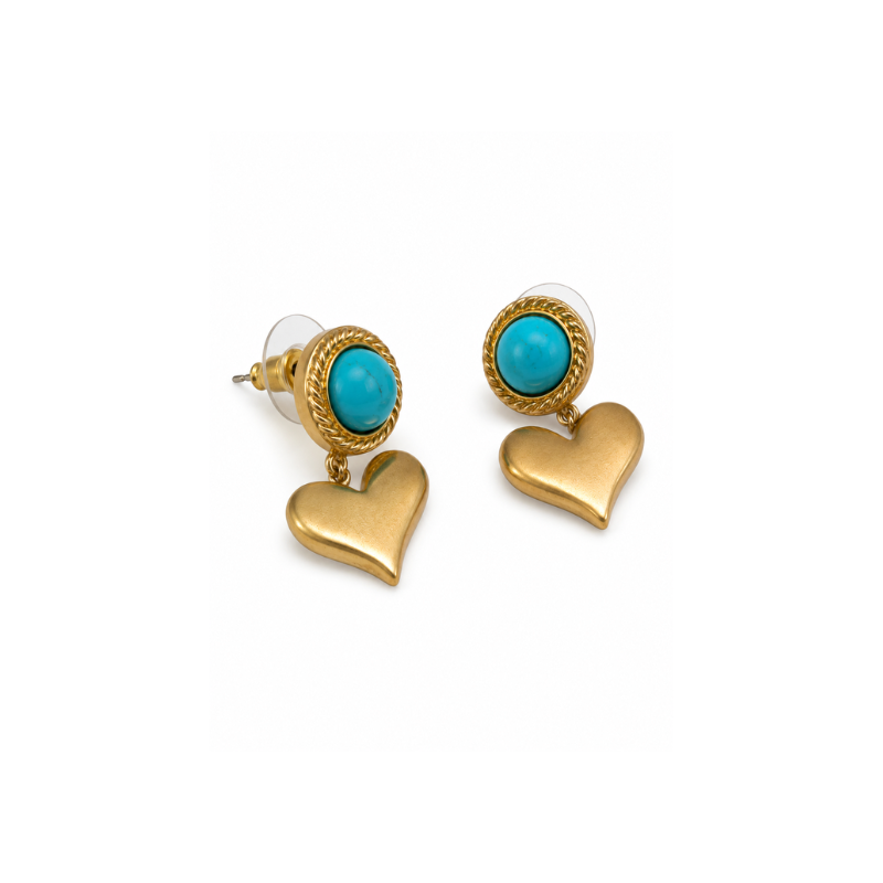 Gold Heart & Turquoise Stone Earrings - Image 2