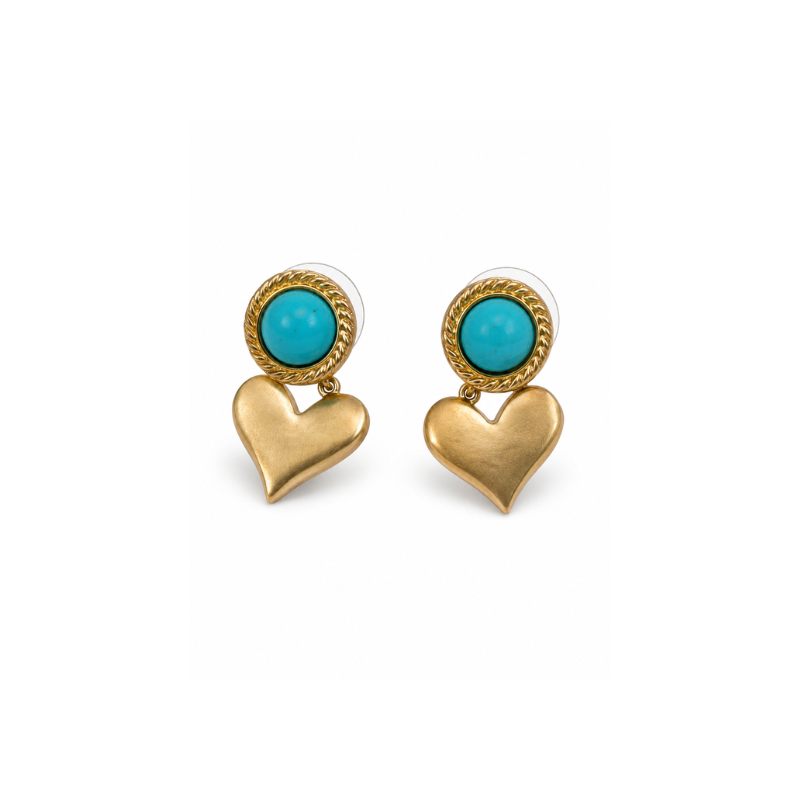 Gold Heart & Turquoise Stone Earrings - Image 3