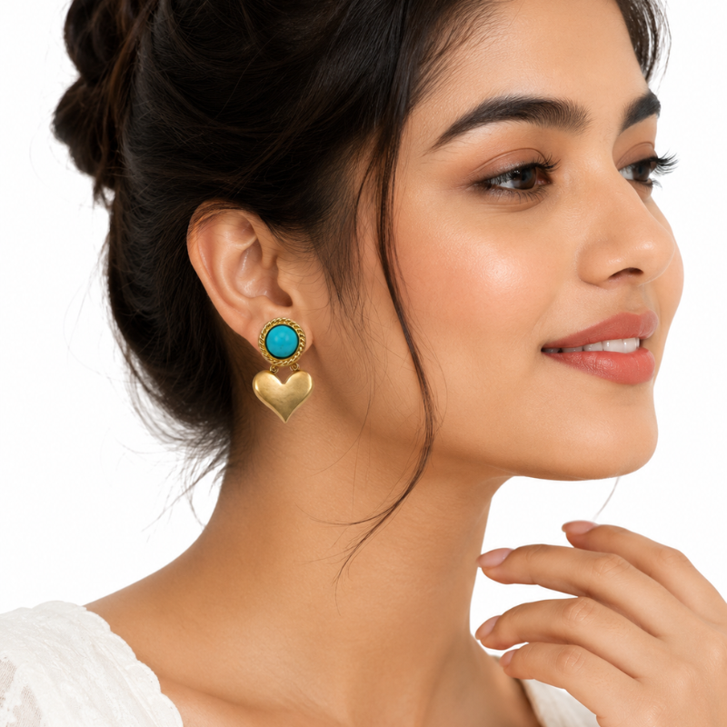 Gold Heart & Turquoise Stone Earrings - Image 4