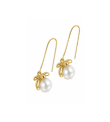 Gold-tone bow pearl drop earrings for women