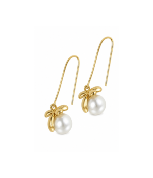 Gold-tone bow pearl drop earrings for women