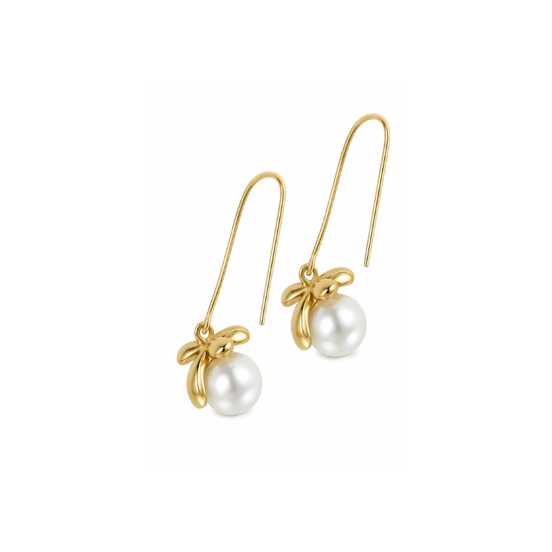 Gold-tone bow pearl drop earrings for women