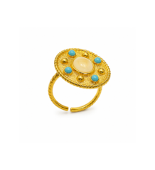 Gold tone adjustable ring with cream center stone and turquoise blue accents