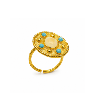 Gold tone adjustable ring with cream center stone and turquoise blue accents