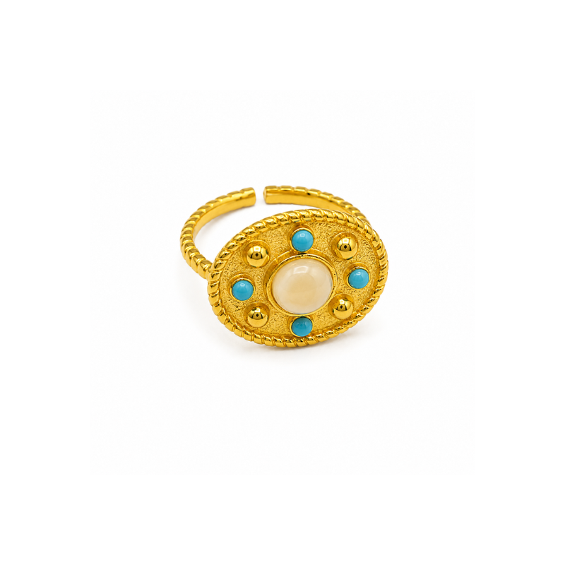 Elegant Gold-Tone Turquoise Oval Adjustable Ring - Image 2