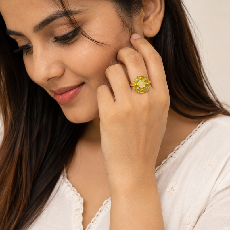 Elegant Gold-Tone Turquoise Oval Adjustable Ring - Image 4