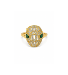 Gold tone statement ring with green stones and sparkling crystal detailing