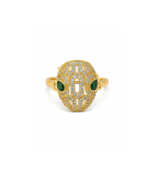 Gold tone statement ring with green stones and sparkling crystal detailing