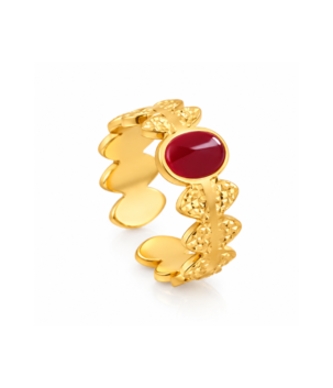 Elegant golden floral ring with red oval stone