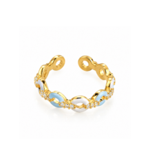 Gold tone blue enamel designer ring with crystal accents