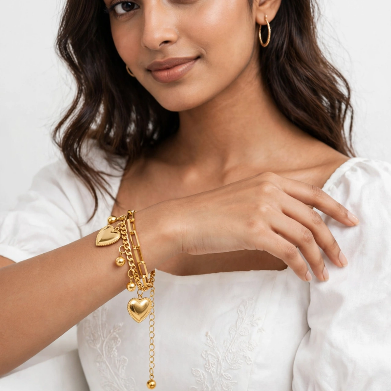 Gold-Tone Heart Charm Link Bracelet for Women - Image 4
