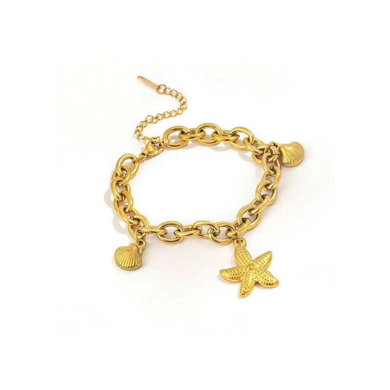 Gold-tone seashell and starfish charm link bracelet for women
