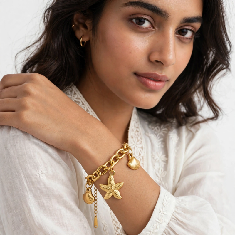 Gold-Tone Seashell & Starfish Charm Link Bracelet for Women - Image 3