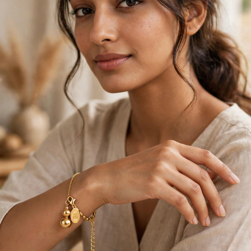 Gold Plated Gourd Charm Adjustable Bracelet - Image 3