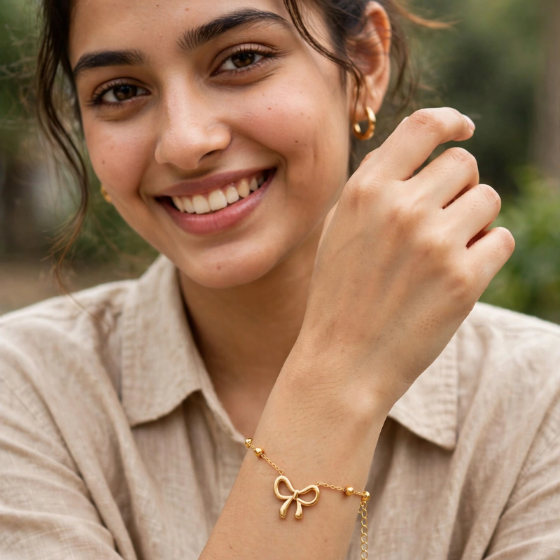 Gold Plated Bow Charm Chain Bracelet - Image 4