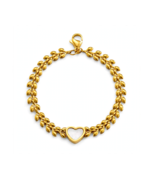 Gold leaf chain bracelet with white heart charm for women
