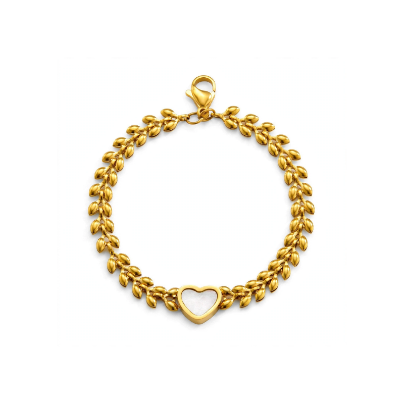 Gold leaf chain bracelet with white heart charm for women