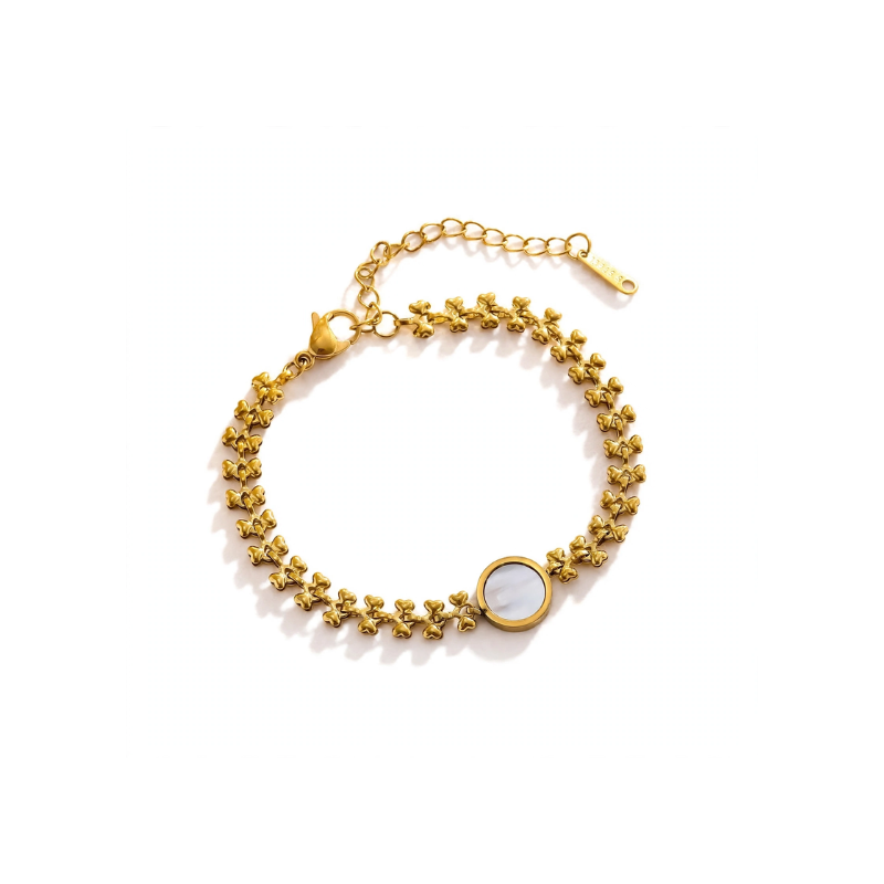 Gold Plated Floral Bracelet with Round White Stone - Image 2